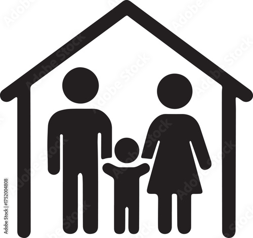 Family Home Vector Illustration: Silhouette of Parents and Child Under a Roof for Real Estate, Protection, Community, and Insurance