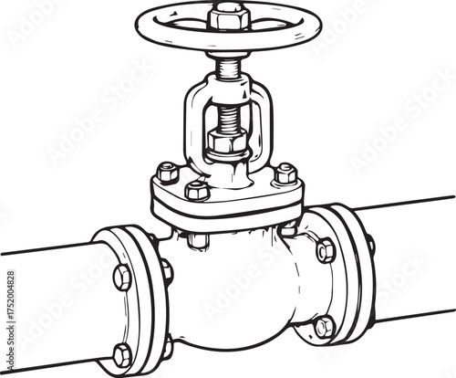 Valve Pipeline Vector Illustration: Handwheel Control for Plumbing, Gas, and Industrial Piping Systems; Gate, Globe, and Check Valve Designs