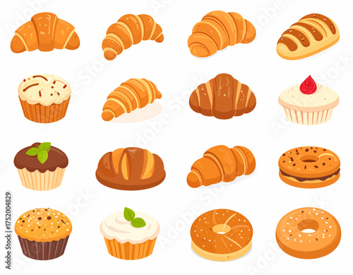 vector set of bakery icons of bread, croissants, baguettes, cakes, muffins and bagels