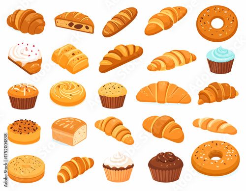 vector set of bakery icons of bread, croissants, baguettes, cakes, muffins and bagels