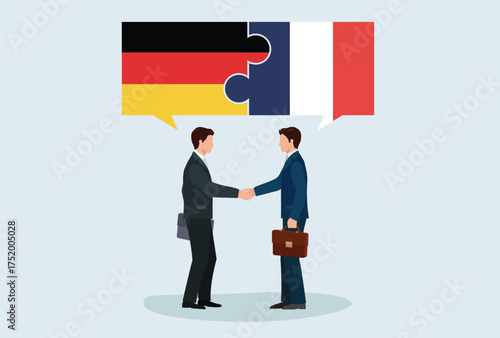 Icon logo sign Business people figure shaking hand make a deal. puzzle flag nation Germany France vector design element poster, banner, news, social media, website internet platform