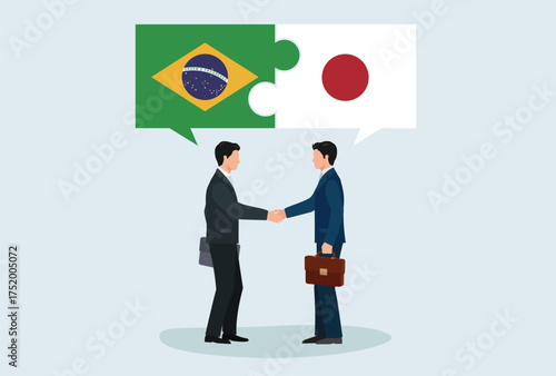 Icon logo sign Business people figure shaking hand make a deal. puzzle flag nation Brazil Japan, vector design element for poster, banner, news, social media, website internet platform