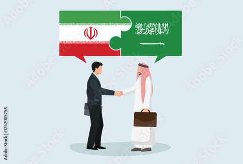 Icon logo sign Business people figure shaking hand make a deal. puzzle flag nation Iran Saudi Arabia, vector design element for poster, banner, news, social media, website internet platform