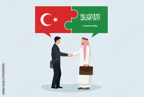 Icon logo sign Business people figure shaking hand make a deal. puzzle flag nation Turkey Turkiye Saudi Arabia, vector design element poster, banner, news, social media, website internet platform