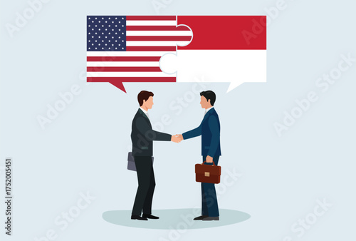 Icon logo sign Business people figure shaking hand make a deal. puzzle flag nation Us Usa United states America Indonesia, vector design element for poster, banner, news, social media, 