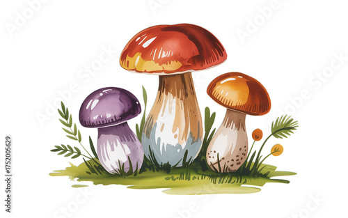 Vibrant watercolor mushrooms in lush green grass, perfect for autumn decor, recipe cards, or nature-themed projects seeking organic beauty.