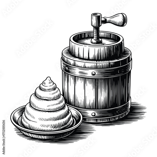 Butter Churn Vector Engraving Fresh Dairy Food Production Traditional Homemade Design