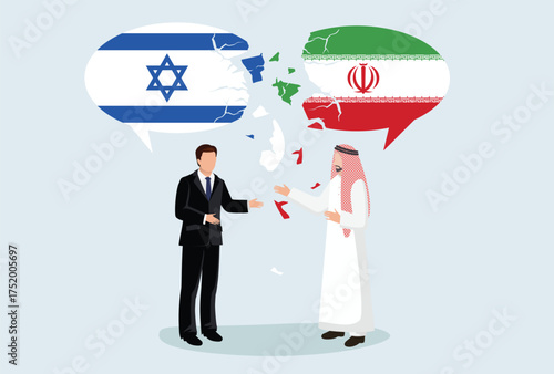Icon logo sign Crisis in world. Conflict with two people opposing trading partners Israel and Iran. Symbol of negotiation, trading argument. Flat vector