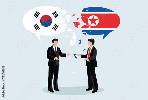Icon logo sign Crisis in world. Conflict with two people opposing trading partners south Korea and North Korea. Symbol of negotiation, trading argument. Flat vector