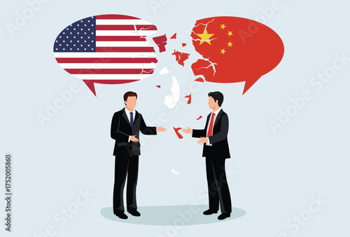 Icon logo sign Crisis in world. Conflict with two people opposing trading partners US USA America and China. Symbol of negotiation, trading argument. Flat vector