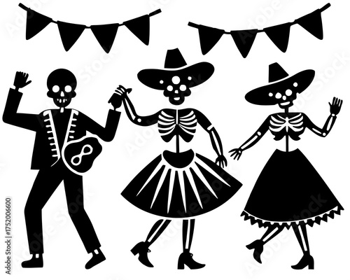 Mexican Festival Vector Pack, Dance, Music, and Skeleton Illustration with Traditional Decorations isolated on white background