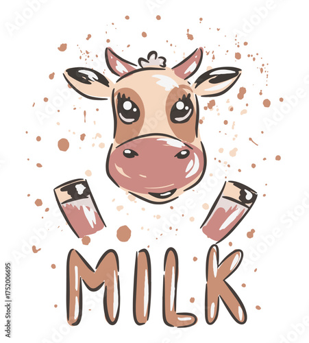 Cartoon cow drawing with brown milk writing and splatter design, vector clip art.