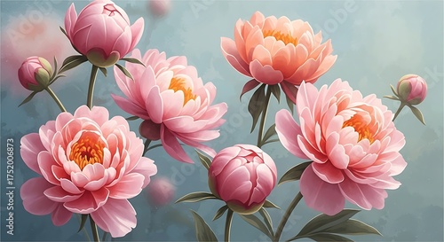 Soft Focus Painterly Pink and Orange Flowers on Blue.