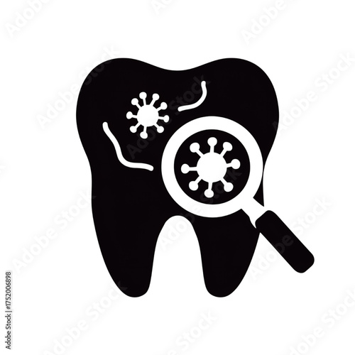 Tooth Decay Icon with Bacteria and Magnifying Glass