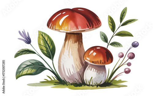 Whimsical watercolor mushrooms and delicate forest flora creating a charming, natural scene perfect for autumnal designs and organic themes