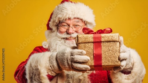 Santa Claus Holding a Golden Gift Box with Red Ribbon Festive Holiday Spirit.
