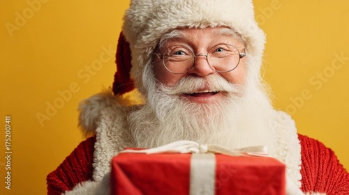 Happy Santa Claus with a Gift Box on a Yellow Background.