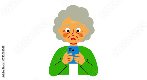 Cute Vector Illustration of Confused Grandma Using Smartphone – Adorable Cartoon Character Isolated on White Background