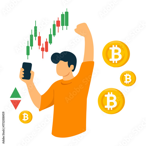 Successful Cryptocurrency Trader Celebrating Bitcoin Profit and Market Gain
