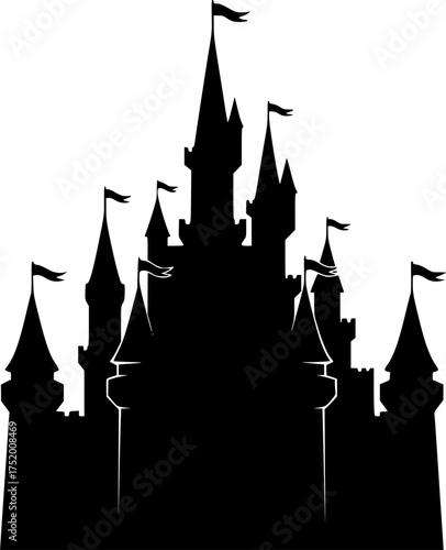 Princess castle silhouette. This image shows a black silhouette of a fairytale castle with turrets, spires, and flags, symbolizing royalty and fantasy. Vector clipart illustration design