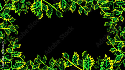 young lobed leaves green yellow color border and lot moving on the black isolated