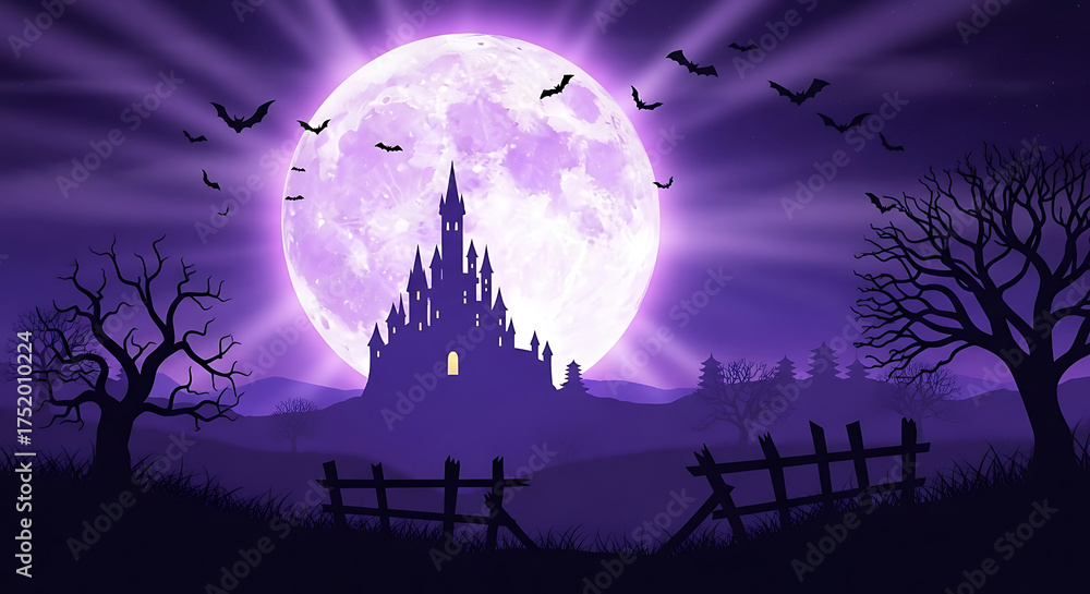 Fototapeta premium Spooky castle with bats flying in front of a full moon night