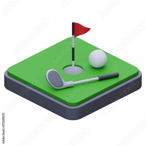 Isometric golf course illustration with golf ball, flag, and club, showing a green field in a square 3D vector design for sports and hobbies
