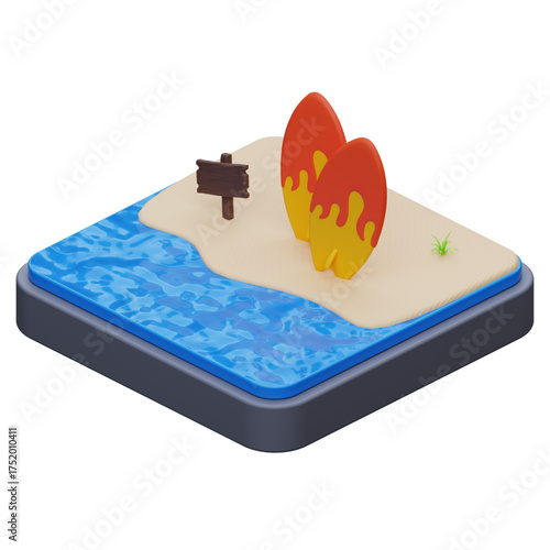 Explore this vibrant 3D isometric scene of a beach with surfboards and a directional sign, perfect for summer vacation and water sports promotions