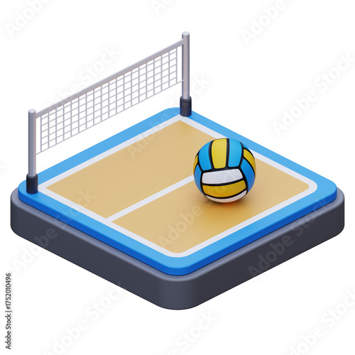 Isometric Volleyball Court A Dynamic 3D Rendering of Sport, Equipment, and Play Area with a Colorful Ball for Sport Enthusiasts