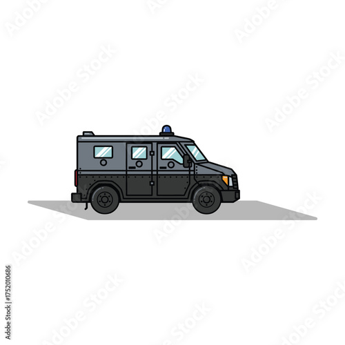 Armored security vehicle with blue light on top, flat design illustration
