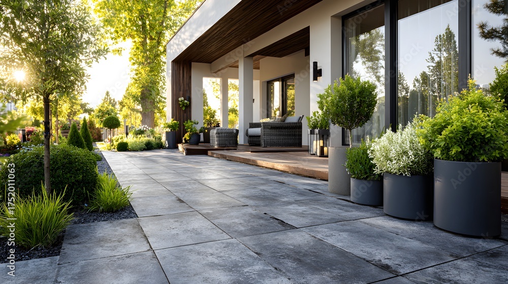 Obraz premium Newly installed modern patio of large, grey concrete pavers. Clean, geometric lines lead to a house surrounded by fresh, neat landscaping.
