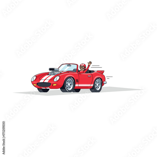 Cartoon race car driver in a red convertible speeding with excitement