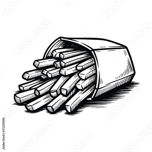 Vector French Fries in Paper Container Hand Drawn Delicious Crispy Snack