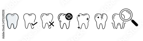 Tooth care and dental icons collection in linear style.