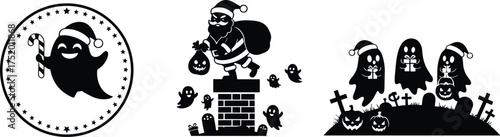 Halloween and Christmas ghost vector set, festive Santa hat silhouettes, spooky chimney scene, tombstone and candy cane icons, black and white seasonal artwork