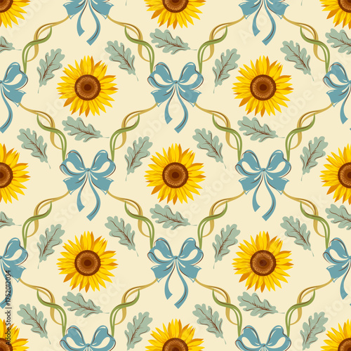 Yellow sunflower seamless pattern with blue bows, curling ribbons and green leaves. Vintage decorative nostalgic countryside textile, wallpaper or background symmetrical design
