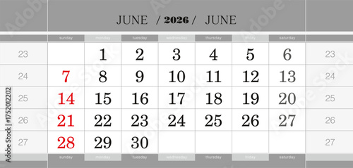 June 2026 quarterly calendar block. Wall calendar in English, week starts from Sunday.