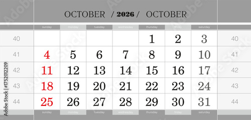 October 2026 quarterly calendar block. Wall calendar in English, week starts from Sunday.