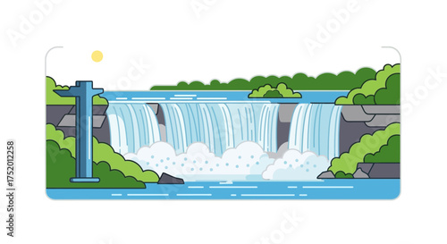 Captivating cascade flat illustration, featuring turquoise waters, lush greenery, and tranquil
