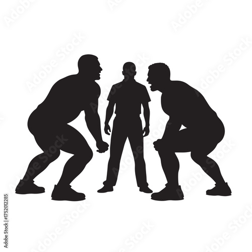 Wrestling silhouette shows two wrestlers facing a referee capturing the intense moment before the action.
