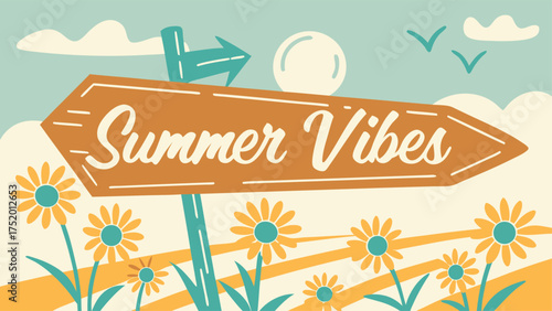 Summer Vibes design with sun, clouds, and sunflowers evokes a happy, vacation mood perfect for seasonal promotions and cheerful graphics