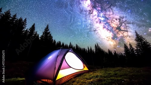 Tent Under The Milky Way Galaxy In A Forest At Night.