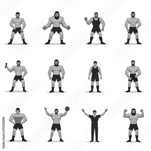Wrestling moment with wrestlers and referee. Suitable for sports designs, posters, flyers, website graphics, or sportsthemed promotional materials.
