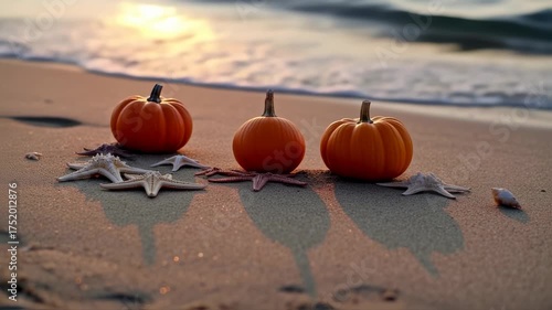 Three pumpkins and starfish on a sandy beach at sunset.