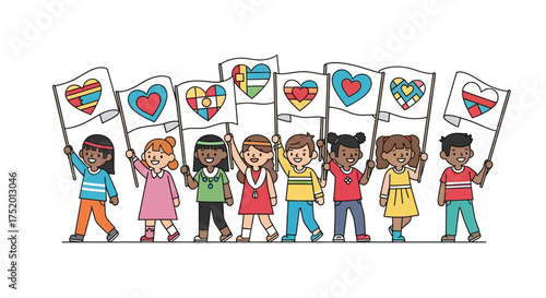 Diverse children united in a parade of hearts, celebrating diversity, love, and togetherness in a