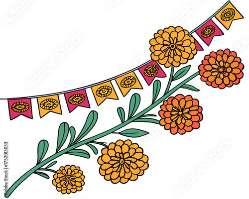 Marigold Flower Garland Vector, Cempasúchil Floral Decoration for Día de los Muertos Celebration isolated on white background