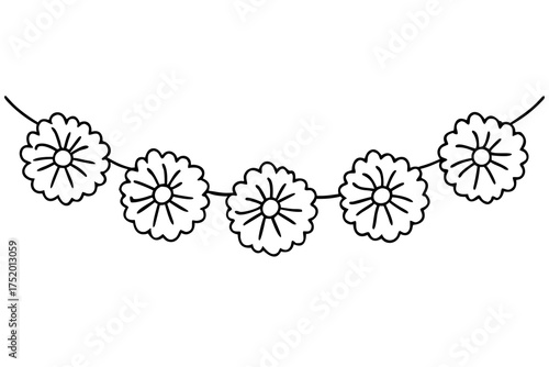 Marigold Flower Garland Vector, Cempasúchil Floral Decoration for Día de los Muertos Celebration isolated on white background