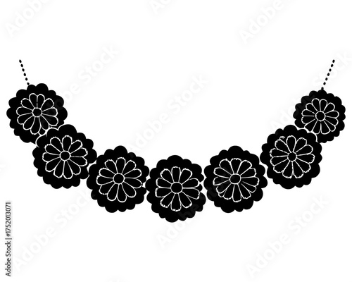 Marigold Flower Garland Vector, Cempasúchil Floral Decoration for Día de los Muertos Celebration isolated on white background