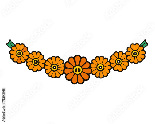 Marigold Flower Garland Vector, Cempasúchil Floral Decoration for Día de los Muertos Celebration isolated on white background