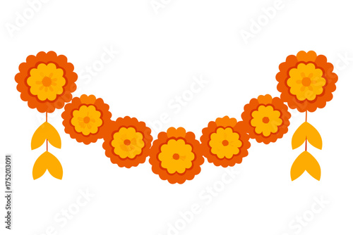 Marigold Flower Garland Vector, Cempasúchil Floral Decoration for Día de los Muertos Celebration isolated on white background